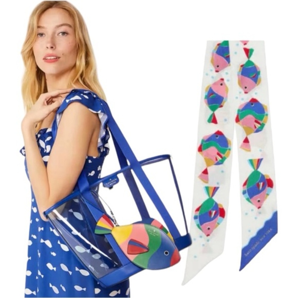 2 piece BUNDLE! NWT Kate ♠️ Fish Tote w/ detachable wristlet + Matching Twilly
